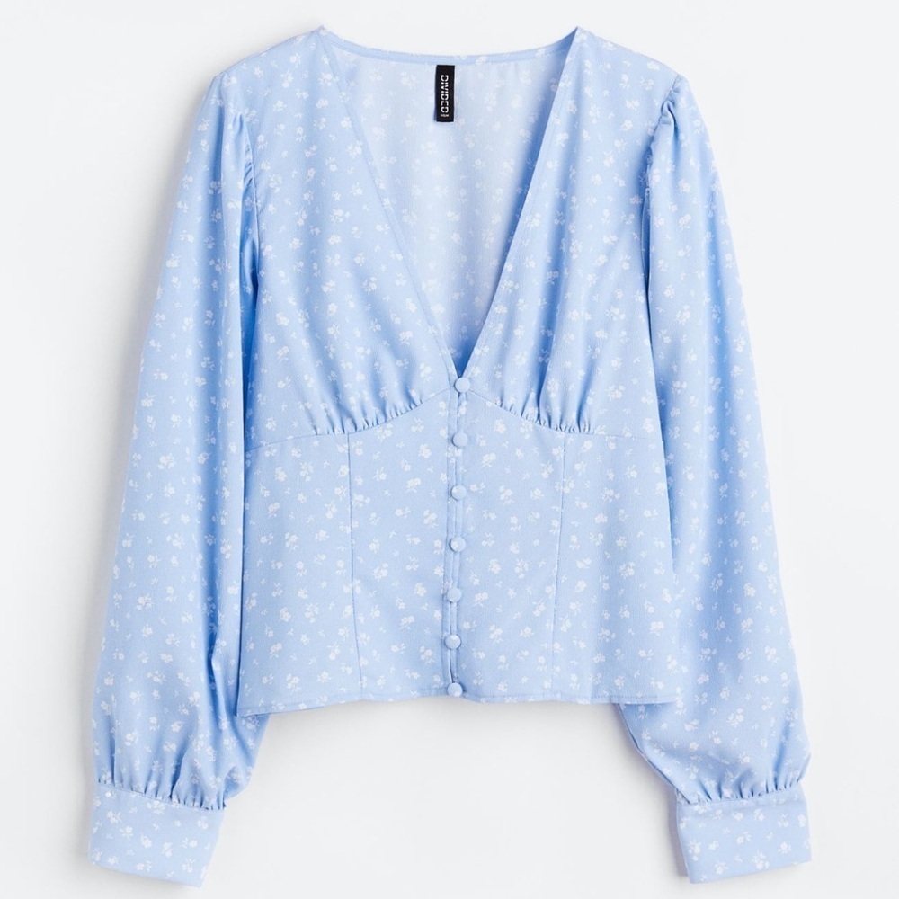 H&M Ditsy Floral Covered Button Front V-Neck Long Sleeve Top Blouse